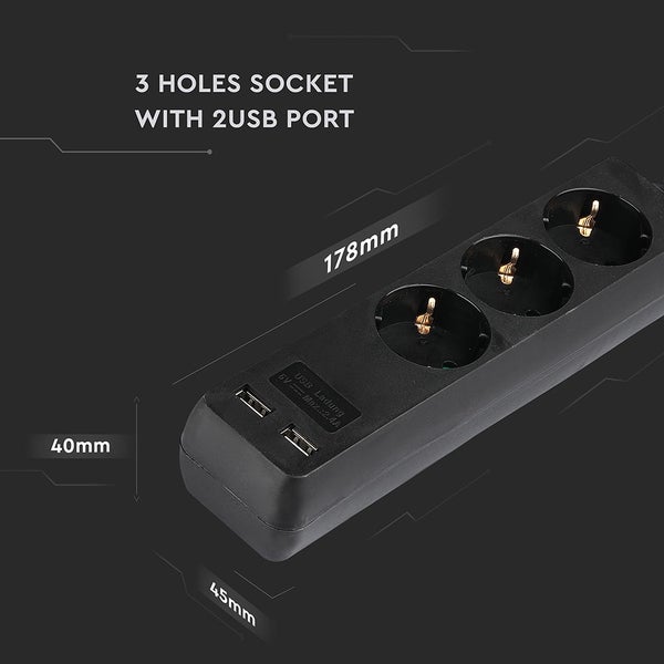 V-TAC VT-1125-5 - 3-Wege-Verlängerungssteckdosen - USB - Schwarz - IP20 - 5 m Kabel