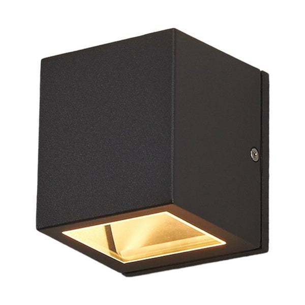 Moderne würfelförmige Außenwandleuchte aus schwarzem Metall mit integrierter LED und Lichtaustritt nach unten.