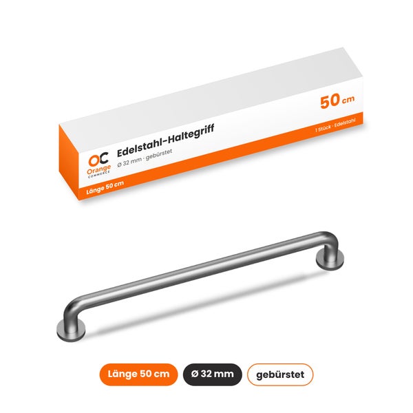 Edelstahl Haltegriff von Orange Commerce, 50 Zentimeter lang, 32 Millimeter Durchmesser, gebürstet, inklusive Produktverpackung.