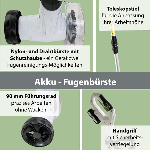 Akku Fugenbürste mit Nylon und Drahtbürste, Teleskopstiel, 90 Millimeter Führungsrad und Handgriff mit Sicherheitsverriegelung zur Fugenreinigung.