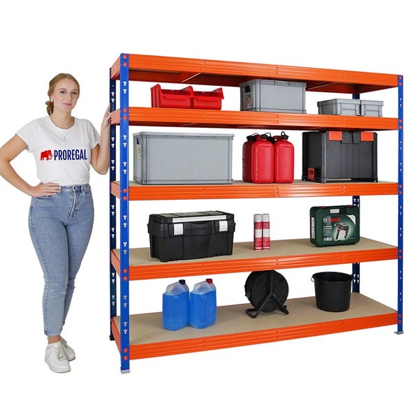 PROREGAL Profi Schwerlastregal Rhino HxBxT 180 x 200 x 60 cm 5 Spanplatten-Ebenen 8mm Fachlast 500 kg Blau/Orange