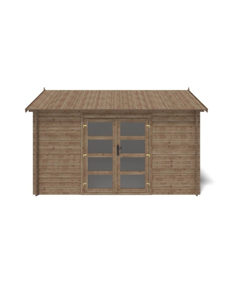 Gartenhaus aus Holz mit Satteldach und Doppelflügeltür mit Glaseinsätzen.
