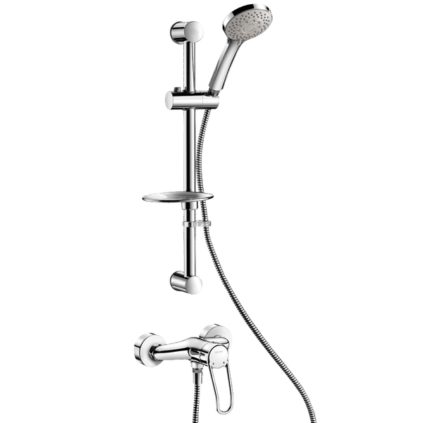 Duschsystem verchromt bestehend aus Einhand-Brausebatterie, Brausestange mit Seifenschale, Handbrause und Brauseschlauch.