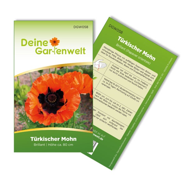 Samentüte Deine Gartenwelt Türkischer Mohn Brillant mit Abbildung einer roten Blüte, Wuchshöhe circa 80 Zentimeter, Deine Gartenwelt Logo.