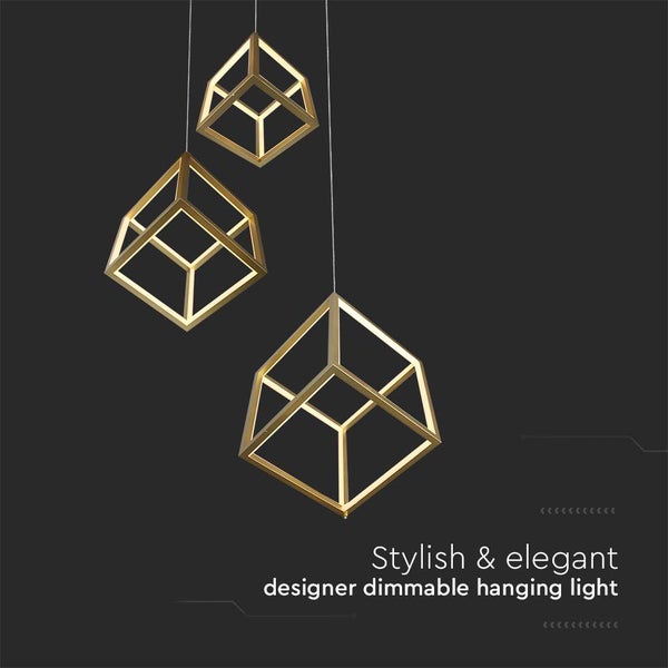 Drei dimmbare Hängeleuchten im geometrischen Design