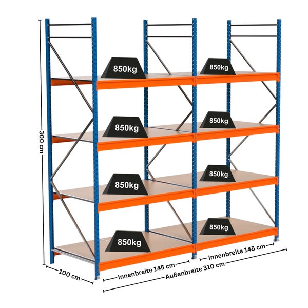 Belastbares Schwerlastregal mit den Maßen 300 cm Höhe, 100 cm Tiefe und 310 cm Außenbreite