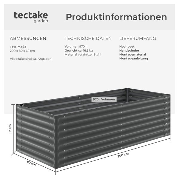 tectake garden Logo. Hochbeet aus verzinktem Stahl, 200 mal 80 mal 62 Zentimeter, 970 Liter Volumen, Gewicht circa 16,5 Kilogramm.