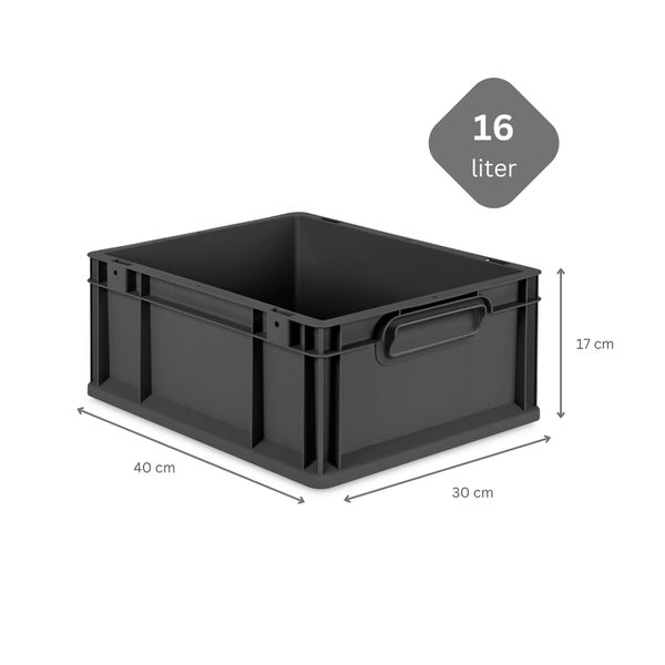 PROREGAL SuperSparSet 5x Eurobox NextGen Grip mit Scharnierdeckel und gelben Schiebeschnappverschlüssen, HxBxT 17x30x40cm, 16 Liter, Schwarz, Griffe geschlossen, Eurobehälter, Transportbox, Transportbehälter, Stapelbehälter