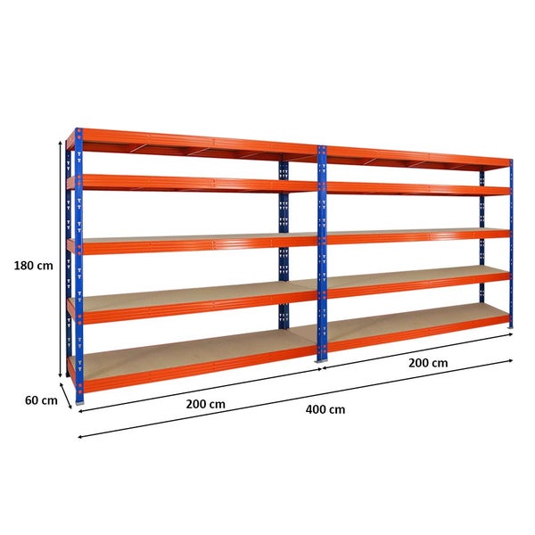 PROREGAL Mega Deal 2x Profi Schwerlastregal Rhino HxBxT 180 x 200 x 60 cm 5 Spanplatten-Ebenen 8mm Fachlast 500 kg Blau/Orange