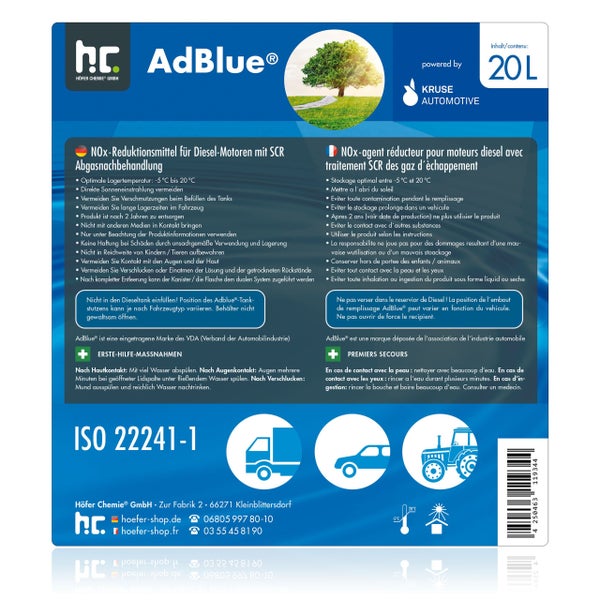 20 Liter AdBlue von Höfer Chemie für Dieselmotoren mit SCR Abgasnachbehandlung
