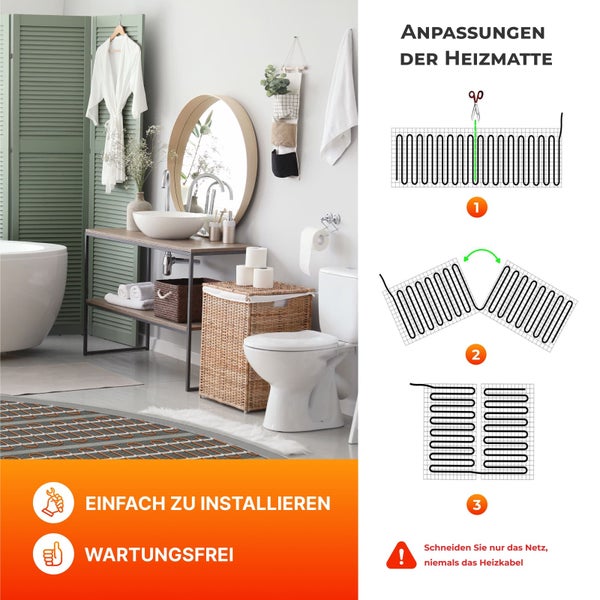 Modernes, helles Badezimmer mit installierter elektrischer Fußbodenheizung und Grafiken zur Anpassung der Heizmatte durch Zuschneiden des Netzes.