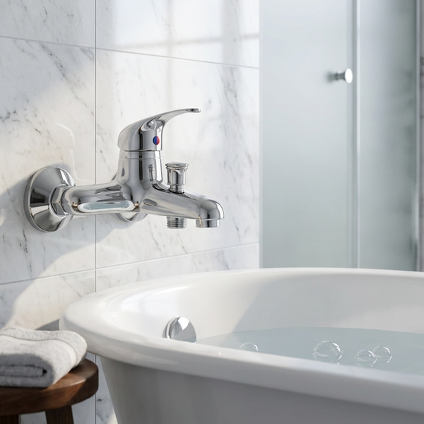 Wandmontierte Badewannenarmatur aus Chrom mit Einhebelmischer über einer weißen Badewanne in einem hellen Bad mit Fliesen in Marmoroptik.