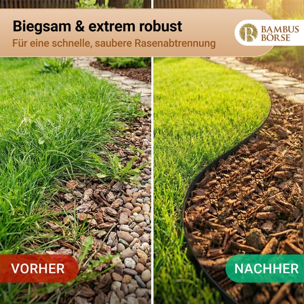 Vorher-Nachher-Vergleich einer biegsamen Rasenkante zur sauberen Trennung von Rasen und Rindenmulch. Bambus Börse Logo.