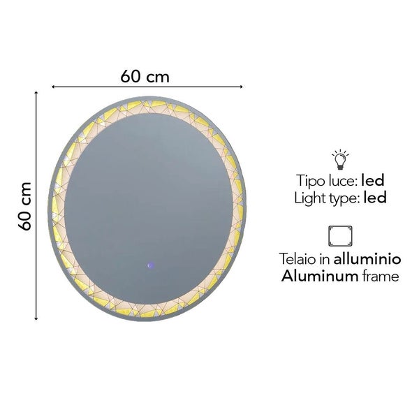 Runder LED-Badezimmerspiegel mit Aluminiumrahmen, Durchmesser 60 Zentimeter, mit dekorativem Mosaik-Lichtrand.