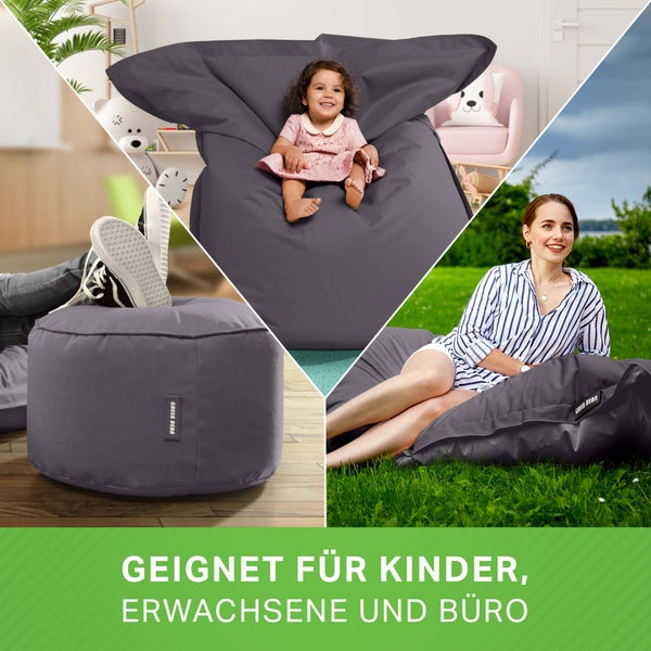 Green Bean 2er Set XXL Sitzsack inkl. Pouf fertig befüllt mit EPS-Perlen - Riesensitzsack 140x180 Lounge Sitz-Kissen Bean-Bag Chair  - Anthrazit