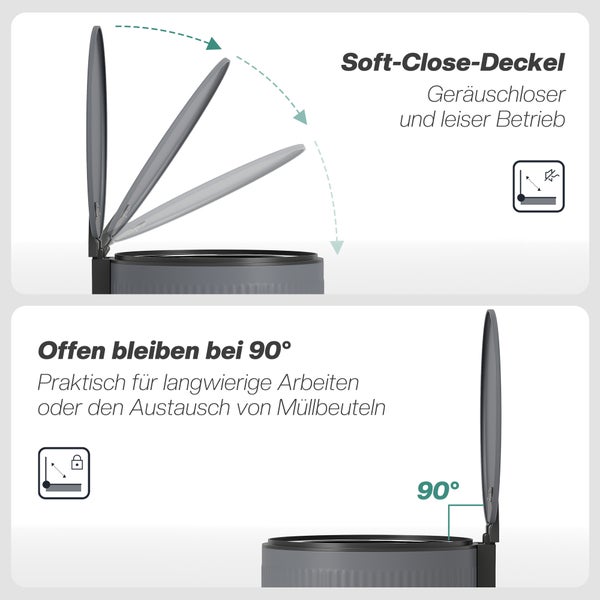 Mülleimer mit Soft-Close-Deckel für geräuschloses Schließen und Haltefunktion bei 90 Grad zum einfachen Wechseln von Müllbeuteln.