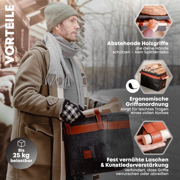 OAKAGE® Classic Dunkelgrau Holzkorb Filz - Metallrahmen für Zusatzstabilität - 42x32x35cm