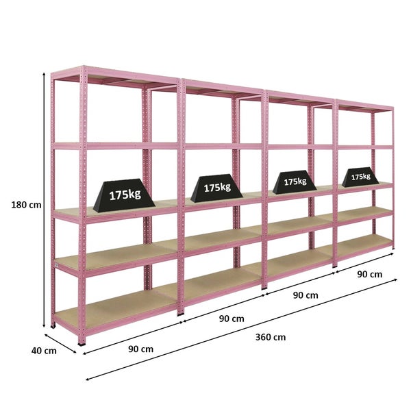 Berlinlodge Mega Deal 4x Wohnregal PINK LADY, HxBxT 180x90x40cm, Fachlast 175kg, 5 Ebenen, Pink, Bücherregal, Standregal, Büroregal für Wohnzimmer, Schlafzimmer, Arbeitszimmer