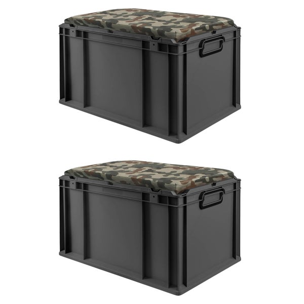 Zwei graue Euroboxen mit Camouflage-Sitzkissen