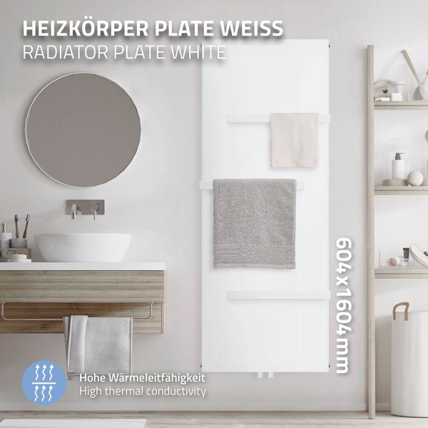 ML-Design Badheizkörper 1600x604 mm Weiß + 3x Handtuchhalter, Flach Einlagig, Design Heizkörper mit Mittelanschluss Vertikal Planheizkörper Vertikalheizkörper Paneelheizkörper Flachheizkörper Heizwand