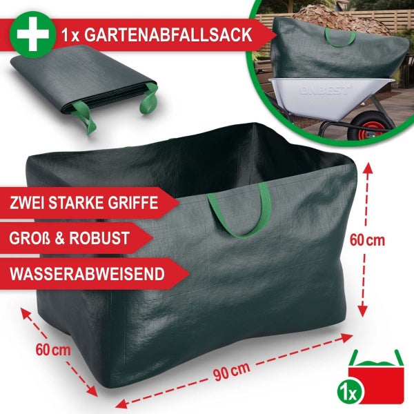 Großer, robuster und wasserabweisender Gartenabfallsack mit zwei Griffen, Maße 90 mal 60 mal 60 Zentimeter.