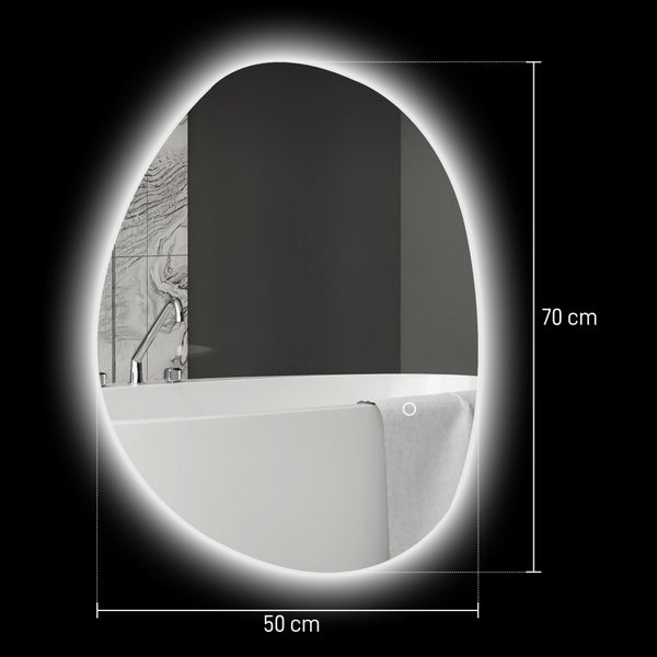 HOMCOM Badspiegel mit Beleuchtung 70x50 cm LED Spiegel mit Touchschalter, 3 Lichtfarben, Asymmetrischer Badezimmerspiegel mit Anti-Beschlag- & Memoryfunktion, Wandspiegel IP44, für Badezimmer