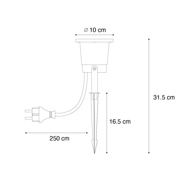 Maßzeichnung Gartenstrahler: Durchmesser 10 Zentimeter, Gesamthöhe 31,5 Zentimeter, Erdspieß 16,5 Zentimeter, Kabellänge 250 Zentimeter.