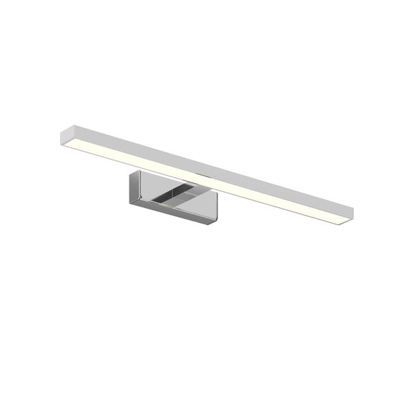Lineare LED-Badezimmerleuchte aus verchromtem Metall mit flachem Design zur Wandmontage.