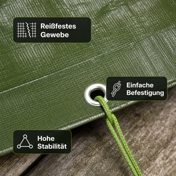 Abdeckplane mit reißfestem Gewebe, Metallöse zur einfachen Befestigung und hoher Stabilität für den vielseitigen Einsatz.
