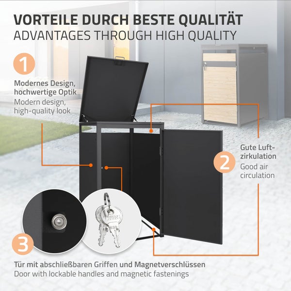 Moderne Mülltonnenbox aus Metall mit offenem Deckel, Tür, abschließbaren Griffen, Magnetverschlüssen und guter Luftzirkulation.