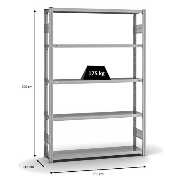 PROREGAL Fachbodenregal Stecksystem T-Profil Light-Duty Grundregal HxBxT 200 x 130 x 30 cm 5 Ebenen Fachlast 175 kg Beidseitig Nutzbar Verzinkt