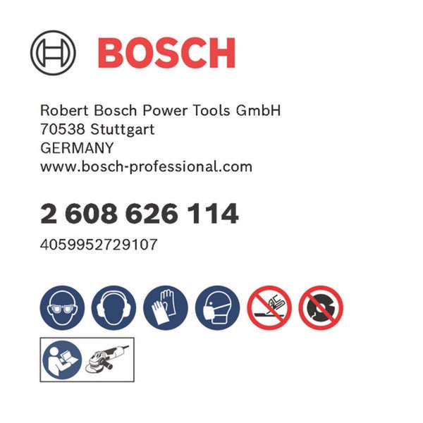 Bosch Logo. Sicherheitsvorkehrungen: Schutzbrille, Gehörschutz, Schutzhandschuhe und Staubmaske tragen. Bedienungsanleitung lesen. Nicht schleifen. Trennscheibe nicht seitlich belasten.
