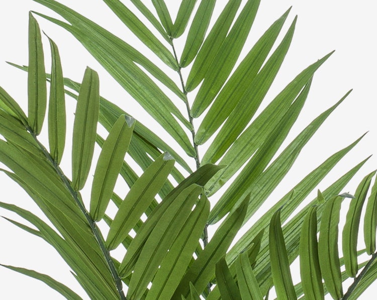 Nahaufnahme der grünen Blätter einer Kunstpalme.