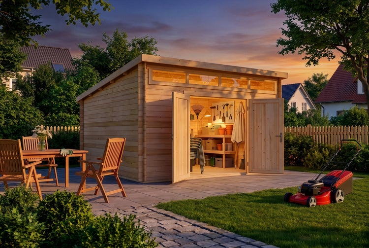 Modernes Gartenhaus aus Holz mit Pultdach, offenen Türen und Regalen im Inneren, davor Gartenmöbel aus Holz und ein Rasenmäher im Garten.