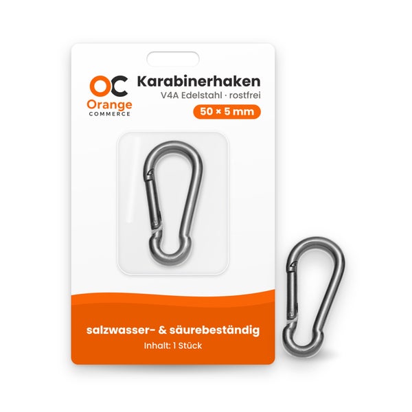 Orange Commerce Karabinerhaken aus V4A Edelstahl rostfrei 50 mal 5 Millimeter in SB-Verpackung