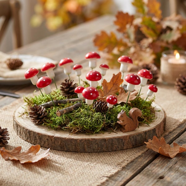 Herbstliche Tischdekoration auf einer Holzscheibe mit künstlichen Pilzen, Moos, Kiefernzapfen und einer kleinen Holzfigur in Form eines Eichhörnchens