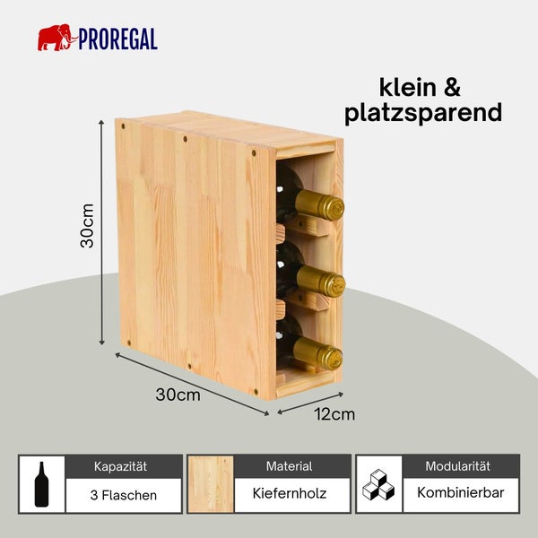 Weinregal aus Kiefernholz für 3 Flaschen, Maße 30 mal 30 mal 12 Zentimeter, modular und platzsparend. Proregal Logo.