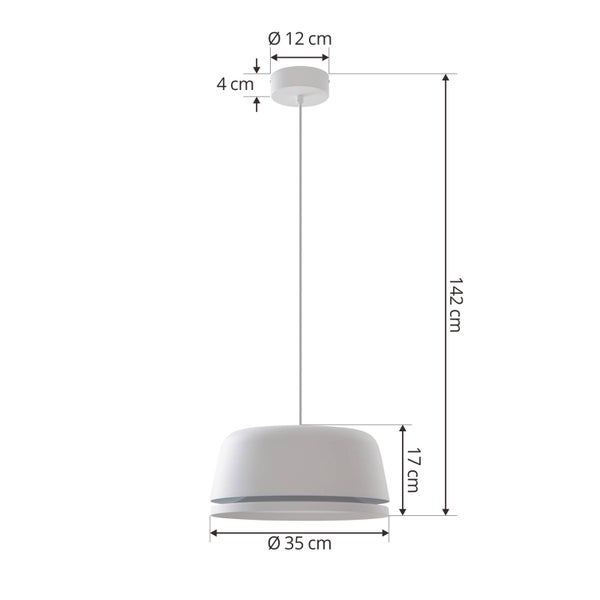 Maßzeichnung einer Pendelleuchte: Gesamthöhe 142 Zentimeter, Schirmdurchmesser 35 Zentimeter und Schirmhöhe 17 Zentimeter.