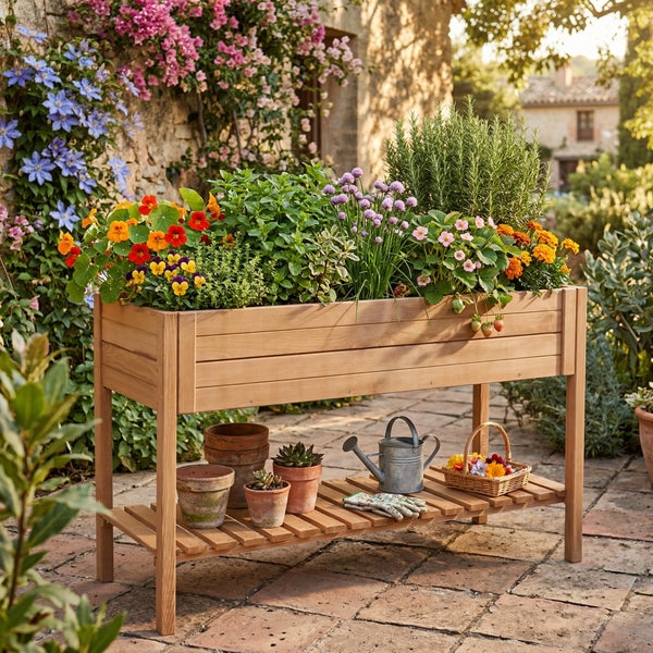 Hochbeet aus Holz auf einer Terrasse, bepflanzt mit Kräutern und Blumen, mit unterer Ablage für Tontöpfe und eine Gießkanne.