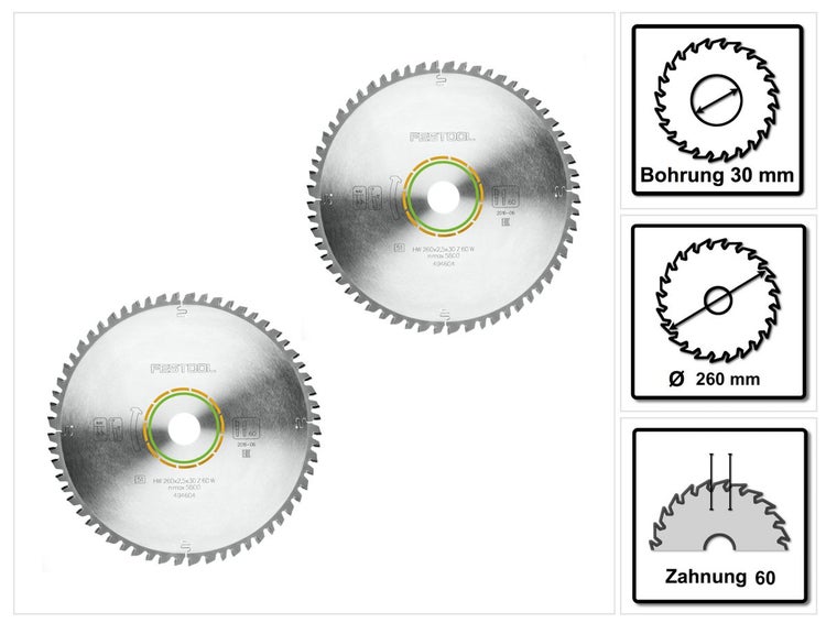 Festool Universal Sägeblatt W60 260 x 2,5 x 30 mm 2 Stück ( 2x 494604 ) für Kapp Zugsäge KS 120 und KS 88