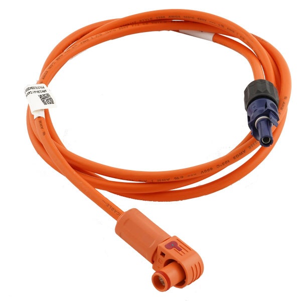 Oranges Verbindungskabel mit Winkelstecker und geradem Stecker, ausgelegt für 600 Volt und 105 Grad Celsius.