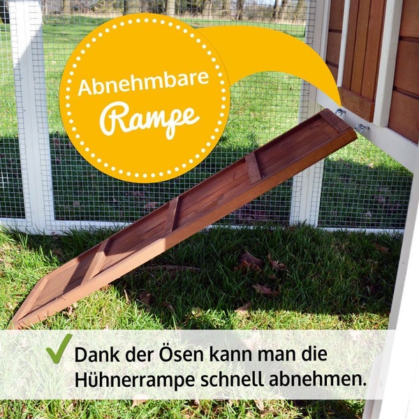 Abnehmbare Hühnerrampe aus Holz für Hühnerställe, mit Ösen zur einfachen Demontage.