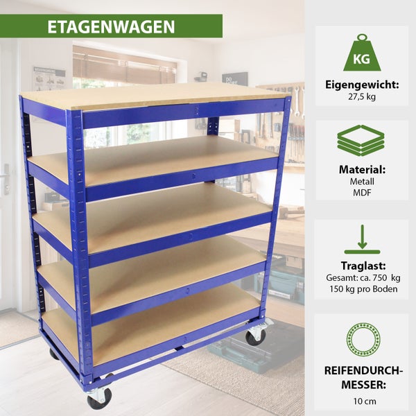 Etagenwagen mit 5 Regalböden aus Metall und MDF für die Werkstatt mit 750 kg Traglast und Rollen mit 10 cm Durchmesser.