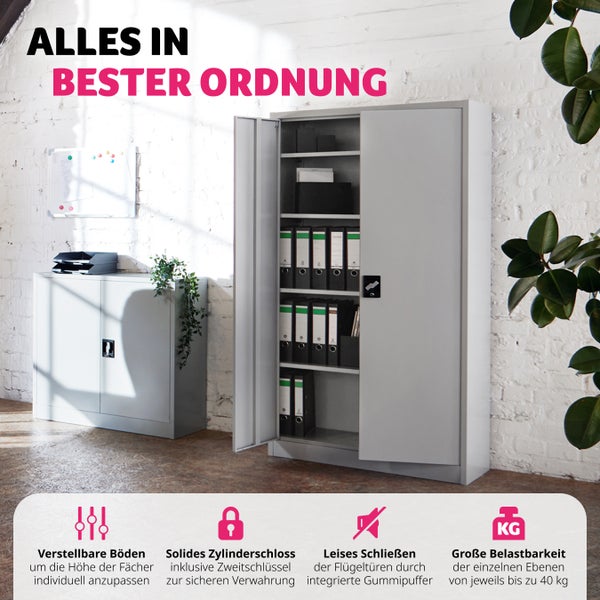 Aktenschrank tectake  140 x 90 x 40 cm aus pulverbeschichtetem Stahl grau