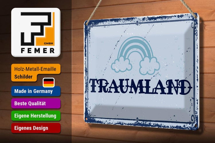 Blechschild Spruch 30x20cm Traumland blau Regenbogen