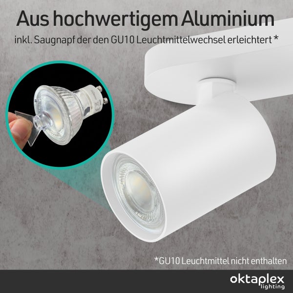Weißer Aluminium-Spotlight inklusive Saugnapf-Werkzeug zum einfachen Wechseln von GU10-Leuchtmitteln, Oktaplex Lighting Logo.