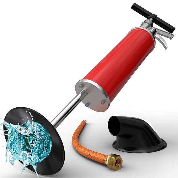 Rohrreinigungspumpe mit Saugglocke, Schlauch und Adapter zur mechanischen Reinigung von Abflüssen.