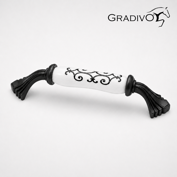 Möbelgriff aus schwarzem Metall und weißer Keramik mit schwarzem Ornament und Gradivo Logo.