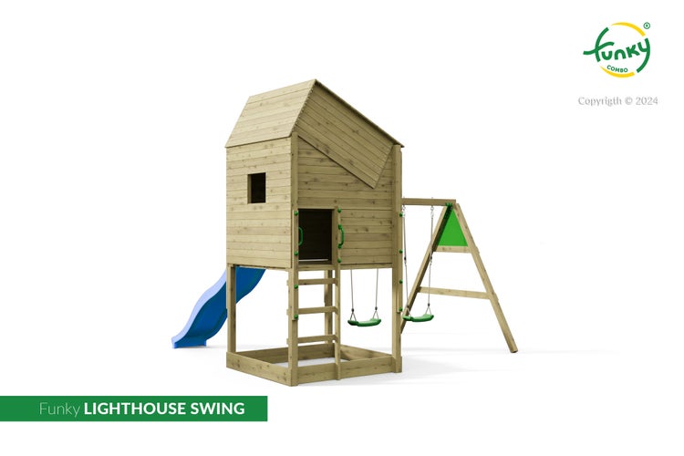 Spielturm aus Holz mit Spielhaus, blauer Rutsche, Leiter und zwei grünen Schaukeln.