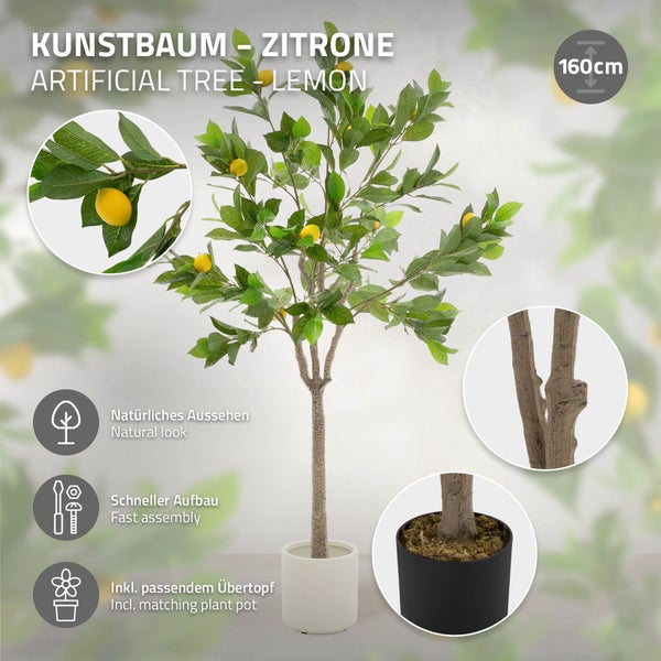 Künstlicher Zitronenbaum mit grünen Blättern und gelben Zitronen, Höhe 160 cm.